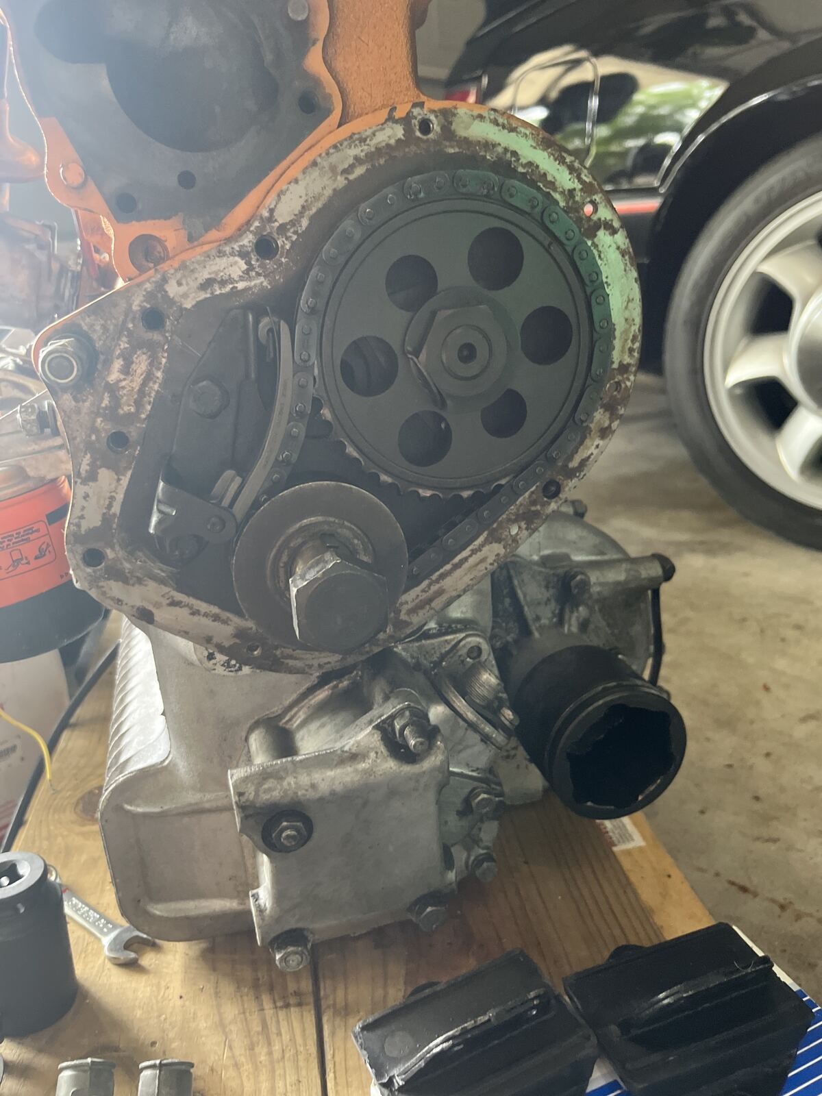 Close-up of the timing cover on the new engine